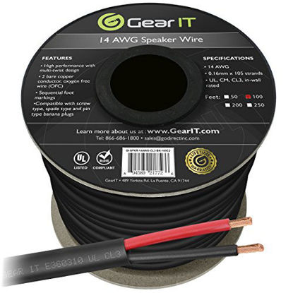 Picture of GearIT Pro Series (100 Feet) Oxygen Free Copper UL 14 AWG Gauge CL3 Rated OFC Speaker Wire, Black