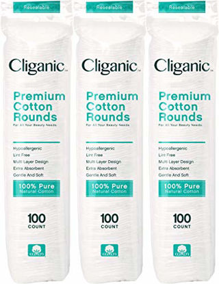 Picture of Cliganic Premium Cotton Rounds for Face (300 Count) - Makeup Remover Pads, Hypoallergenic, Lint-Free | 100% Pure Cotton