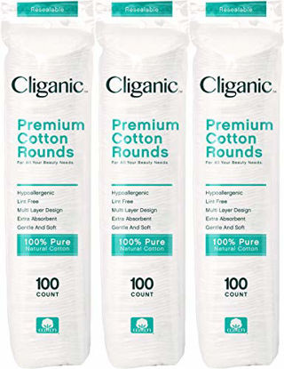 Picture of Cliganic Premium Cotton Rounds for Face (300 Count) - Makeup Remover Pads, Hypoallergenic, Lint-Free | 100% Pure Cotton