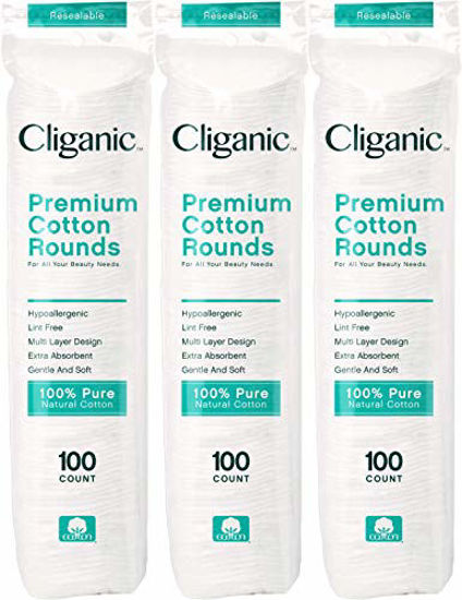 Picture of Cliganic Premium Cotton Rounds for Face (300 Count) - Makeup Remover Pads, Hypoallergenic, Lint-Free | 100% Pure Cotton