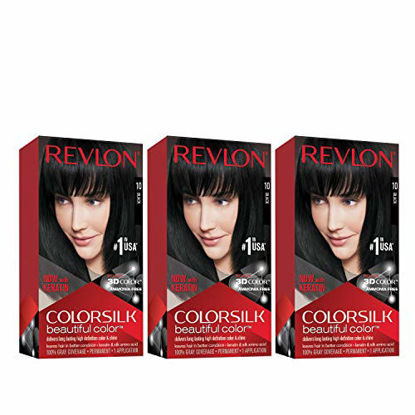 Picture of REVLON Colorsilk Beautiful Color Permanent Hair Color with 3D Gel Technology & Keratin, 100% Gray Coverage Hair Dye, 10 Black, 4.4 Ounce (Pack of 3)
