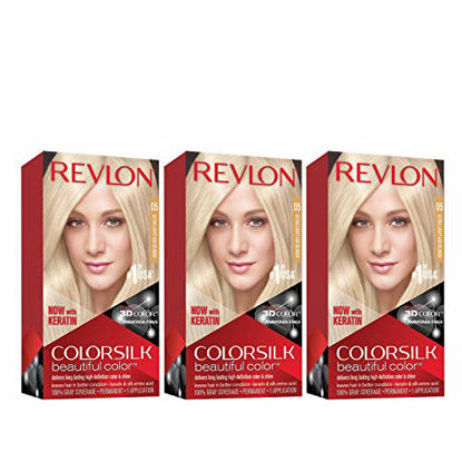 Picture of Revlon Colorsilk Beautiful Color Permanent Hair Color with 3D Gel Technology & Keratin, 100% Gray Coverage Hair Dye, 05 Ultra Light Ash Blonde, 4.4 oz (Pack of 3)