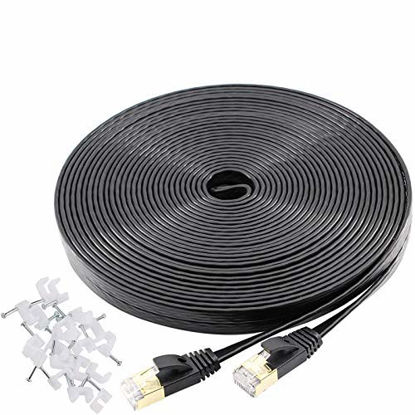 Picture of Cat 7 Ethernet Cable 50 ft Shielded, Durable Flat Internet Lan Computer patch cord, faster than Cat5e/cat6, High Speed Cat7 RJ45 Solid Network Wire for Router, Modem, Xbox, PS4, Camera, Hubs - Black