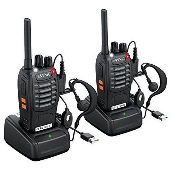 Picture of eSynic Rechargeable Walkie Talkies with Earpieces 2pcs Long Range Two-Way Radios 16 Channel UHF USB Cable Charging Walky Talky Handheld Transceiver with Flashlight