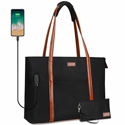 Picture of Laptop Tote Bag for Women Teacher Work Office USB Bags Fits 15.6 inches Laptop Lightweight Water Resistant Nylon Tote Bag (Black and Brown Strap)