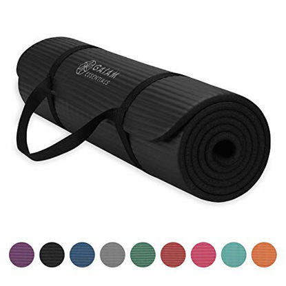 Picture of Gaiam Essentials Thick Yoga Mat Fitness and Exercise Mat With Easy-Cinch Yoga Mat Carrier Strap, Black, 72"L X 24"W X 2/5 Inch Thick