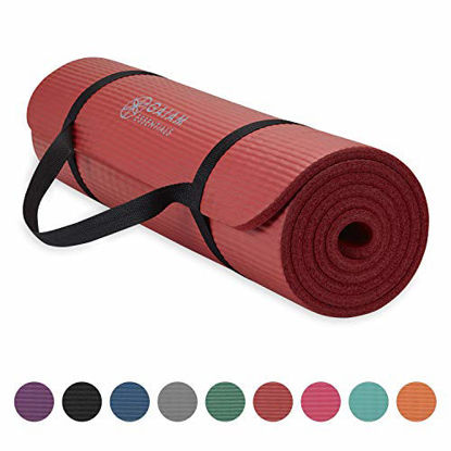 Picture of Gaiam Essentials Thick Yoga Mat Fitness & Exercise Mat with Easy-Cinch Yoga Mat Carrier Strap, Red, 72"L x 24"W x 2/5 Inch Thick