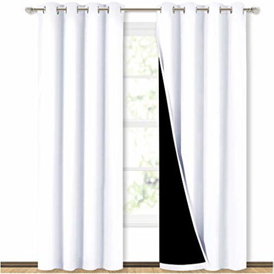 Picture of NICETOWN 100% Blackout Window Curtain Panels, Heat and Full Light Blocking Drapes with Black Liner for Nursery, 84 inches Drop Thermal Insulated Draperies (White, 2 Pieces, 52 inches Wide Each Panel)