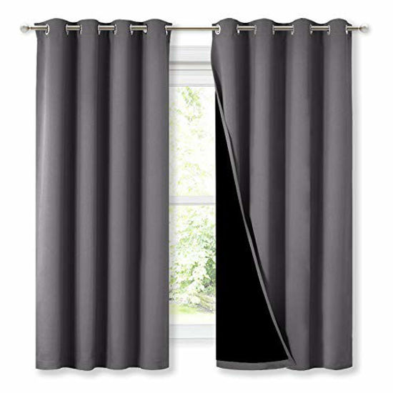 Picture of NICETOWN 100% Blackout Curtains with Black Liners, Thermal Insulated Full Blackout 2-Layer Lined Drapes, Energy Efficiency Window Draperies for Bedroom (Grey, 2 Panels, 52-inch W by 63-inch L)