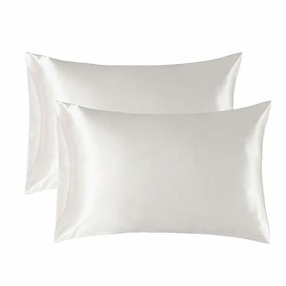 Picture of Bedsure Satin Pillowcase for Hair and Skin, 2-Pack - Standard Size (20x26 inches) Pillow Cases - Satin Pillow Covers with Envelope Closure, Ivory