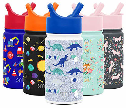 Picture of Simple Modern 14oz Summit Kids Water Bottle Thermos with Straw Lid - Dishwasher Safe Vacuum Insulated Double Wall Tumbler Travel Cup 18/8 Stainless Steel - Dinosaur Roar