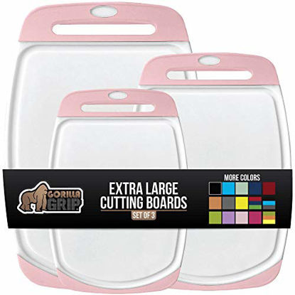 Picture of Gorilla Grip Original Oversized Cutting Board, 3 Piece, Juice Grooves, Larger Thicker Boards, Easy Grip Handle, Perfect for the Dishwasher, Non Porous, Extra Large, Kitchen, Set of 3, White Pink