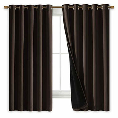 Picture of NICETOWN Complete 100% Blackout Curtains, Thermal Insulated & Energy Efficiency Window Draperies with Black Liner, Noise Reducing Short Curtains for Kids Room (Brown, 70-inch W by 63-inch L, 2 Panels)