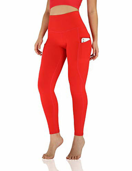 ODODOS Women's High Waisted Yoga Pants with Pocket, Workout Sports Running  Athletic Pants with Pocket, Full-Length,Red,Large