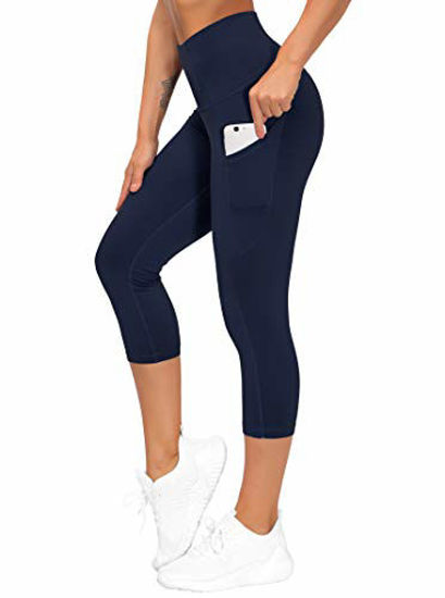 Picture of THE GYM PEOPLE Thick High Waist Yoga Pants with Pockets, Tummy Control Workout Running Yoga Leggings for Women (Medium, Z-Capris Navy Blue)