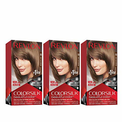 Picture of Revlon Colorsilk Beautiful Color Permanent Hair Color with 3D Gel Technology & Keratin, 100% Gray Coverage Hair Dye, 50 Light Ash Brown, 4.4 oz (Pack of 3)