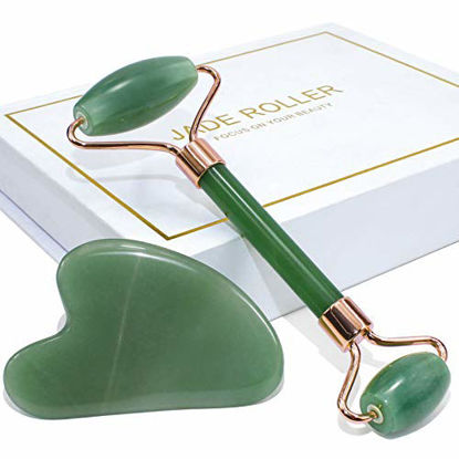 Picture of Jade Roller & Gua Sha Set - Face Roller Massage Tool, Green Aventurine Applicator for Face, Neck and Body Muscle - Relaxing and Stimulating Blood Flow, Relieve Fine Lines & Wrinkles