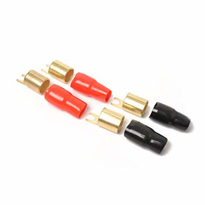 Picture of 2 Pairs Copper Gold Plated 0 Gauge Spade Terminal Crimp Connectors Adapters Crimp Barrier Spades for Speaker Wire Cable Terminal Plug - 0GA (Red and Black)
