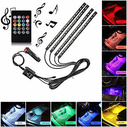 Picture of Xintaistore Car LED Strip Light, 4pcs 72 LED DC 12V Multicolor Music Car Interior Light LED Under Dash Lighting Kit with Sound Active Function and Wireless Remote Control, Car Charger