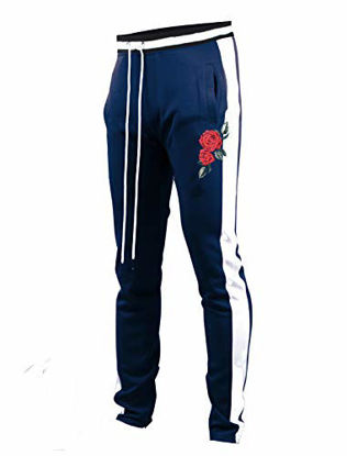 Picture of SCREENSHOTBRAND-P11853 Mens Hip Hop Premium Slim Fit Track Pants - Athletic Jogger Rose Embroidery Bottom with Taping-Navy-Medium