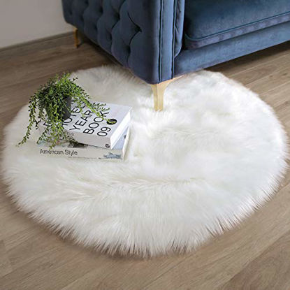Picture of Ashler Faux Fur White Round Area Rug Indoor Ultra Soft Fluffy Bedroom Floor Sofa Living Room 3 x 3 Feet