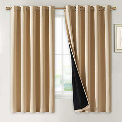 Picture of NICETOWN Bedroom Full Blackout Curtain Panels, Super Thick Insulated Window Covers, Complete Blackout Draperies with Black Liner for Short Window(Biscotti Beige, Set of 2 PCs, 70 by 63-inch)