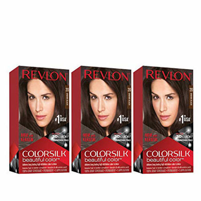 Picture of REVLON Colorsilk Beautiful Color Permanent Hair Color with 3D Gel Technology & Keratin, 100% Gray Coverage Hair Dye, 20 Brown Black, 4.4 Ounce (Pack of 3)