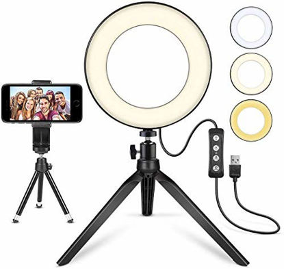 Picture of LED Ring Light 6" with Tripod Stand for YouTube Video and Makeup, Mini LED Camera Light with Cell Phone Holder Desktop LED Lamp with 3 Light Modes & 11 Brightness Level (6")