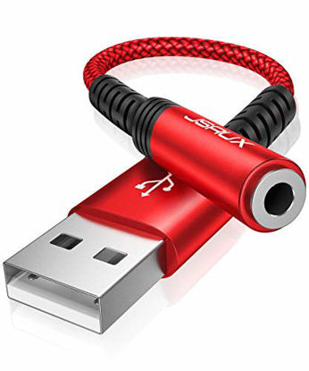 Picture of JSAUX USB to 3.5mm Jack Audio Adapter, USB to Audio Jack Adapter Headset, USB-A to 3.5mm TRRS 4-Pole Female, External Stereo Sound Card for Headphone, Mac, PS4, PC, Laptop, Desktops -Red/0.6FT