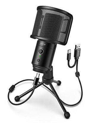 Picture of FIFINE USB Desktop PC Microphone with Pop Filter for Computer and Mac, Studio Condenser Mic with Gain Control Mute Button Headphone Jack for Gaming Streaming Recording YouTube, Extra USB-C Plug -K683A