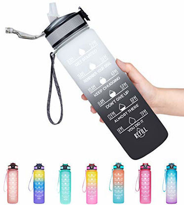 Picture of Giotto 32oz Large Leakproof BPA Free Drinking Water Bottle with Time Marker & Straw to Ensure You Drink Enough Water Throughout The Day for Fitness and Outdoor Enthusiasts-Ombre Gray Black
