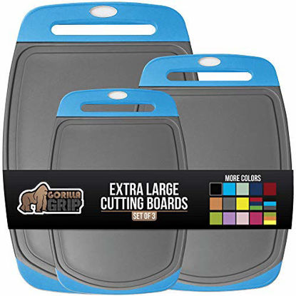 Picture of Gorilla Grip Original Oversized Cutting Board, 3 Piece, Juice Grooves, Larger Thicker Boards, Easy Grip Handle, Perfect for the Dishwasher, Non Porous, Extra Large, Kitchen, Set of 3, Gray Aqua