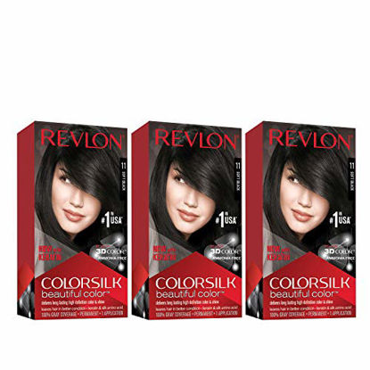 Picture of Revlon Colorsilk Beautiful Color Permanent Hair Color with 3D Gel Technology & Keratin, 100% Gray Coverage Hair Dye, 11 Soft Black, 4.4 oz (Pack of 3)