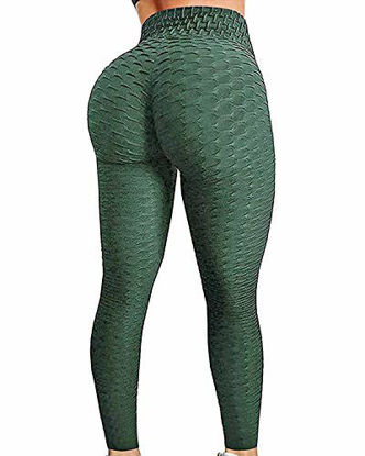 Picture of FITTOO Women's High Waisted Honeycomb Ruched Butt Scrunched Booty Leggings Workout Running Lift Textured Tights Emerald Small