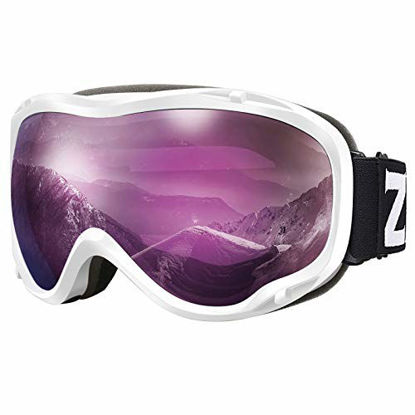 Picture of ZIONOR Lagopus Ski Snowboard Goggles UV Protection Anti fog Snow Goggles for Men Women Youth VLT 16% White Frame Purple Lens