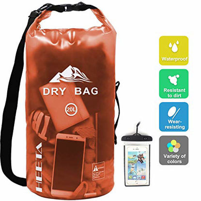 Picture of HEETA Waterproof Dry Bag for Women Men, Roll Top Lightweight Dry Storage Bag Backpack with Phone Case for Travel, Swimming, Boating, Kayaking, Camping and Beach, Transparent Orange 20L