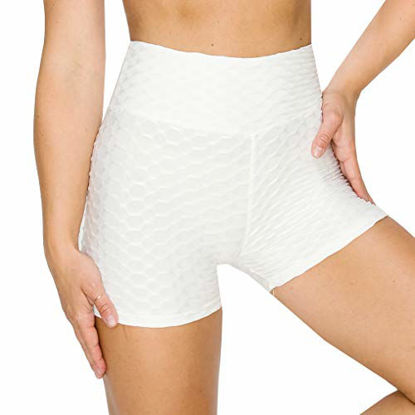 Picture of ALWAYS Women's Textured 3D Booty Yoga Shorts - High Waist Compression Slimming Butt Lift Solid Short Pants White XL