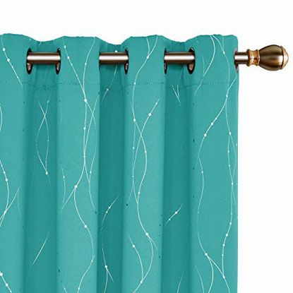 Picture of Deconovo Grommet Top Blackout Curtains Wave Line with Dots Foil Printed Light Blocking Window Draperies for Sliding Glass Door 52 x 63 Inch Turquoise 2 Panels