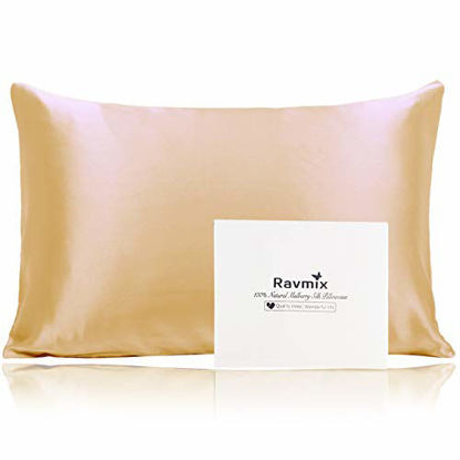 Picture of Ravmix Silk Pillowcase King Size, 100% Mulberry Silk Pillowcase for Hair and Skin with Hidden Zipper 21 Momme 600TC Hypoallergenic Silk Both Sides, 1PCS, 20×36inches, Champagne Gold