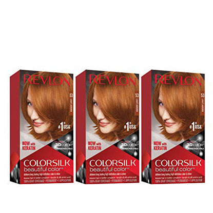 Picture of Revlon Colorsilk Beautiful Color Permanent Hair Color with 3D Gel Technology & Keratin, 100% Gray Coverage Hair Dye, 53 Light Auburn, 4.4 oz (Pack of 3)