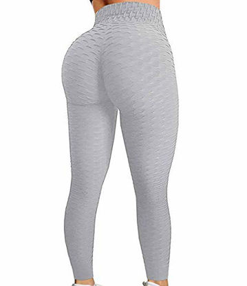 Picture of FITTOO Women's High Waist Yoga Pants Tummy Control Scrunched Booty Leggings Workout Running Butt Lift Textured Tights Peach Butt Grey(M)