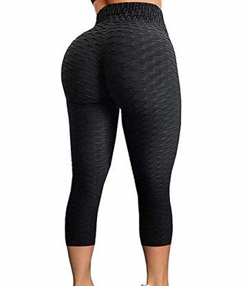Picture of FITTOO Women's High Waist Yoga Pants Tummy Control Scrunched Booty Capri Leggings Workout Running Butt Lift Textured Tights Black X-Large
