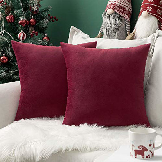 Picture of MIULEE Pack of 2 Velvet Soft Solid Decorative Square Throw Pillow Covers Set Cushion Case for Decor Sofa Bedroom Car 16 x 16 Inch 40 x 40 cm Wine Red