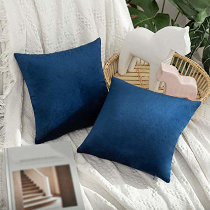 Picture of MIULEE Pack of 2 Velvet Pillow Covers Decorative Square Pillowcase Soft Solid Cushion Case for Sofa Bedroom Car 12 x 12 Inch Dark Blue