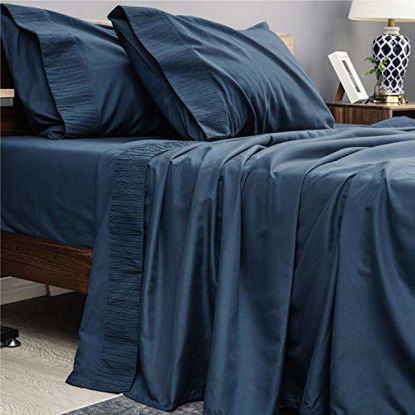 Picture of Bedsure Bed Sheet Set - Ruched Ruffled Embossed Bed Sheets - Soft Brushed Microfiber, Wrinkle Resistant Bedding Set - 1 Fitted Sheet, 1 Flat Sheet, 1 Pillowcase (Twin, Navy)