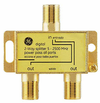Picture of GE Digital 2-Way Coaxial Cable Splitter, 2.5 GHz 5-2500 MHz, RG6 Compatible, Works with HD TV, Satellite, High Speed Internet, Amplifier, Antenna, Gold Plated Connectors, Corrosion Resistant, 33526