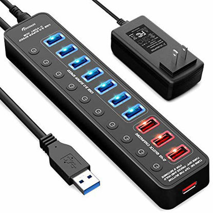 Picture of APANAGE Powered USB 3.0 Hub, 11 Ports USB Hub Splitter (7 High Speed Data Transfer Ports + 4 Smart Charging Ports) with Individual On/Off Switches and 48W Power Adapter for Mac Pro/mini, PC, HDD, Disk