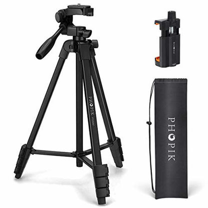 Picture of PHOPIK Lightweight Phone Tripod 55-Inch, Video Tripod with 360 Panorama and 1/4 Mounting Screw for Mirrorless/Gopro/DSLR Camera, Phone Holder for Smartphone, Max Load 6.6 Lbs, Carry Bag Inclued.
