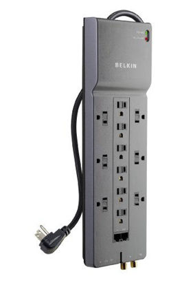 Picture of Belkin 12-Outlet Power Strip Surge Protector, Flat Plug, 10ft Cord (4156 Joules), Gray