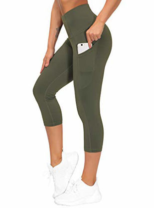 Picture of THE GYM PEOPLE Thick High Waist Yoga Pants with Pockets, Tummy Control Workout Running Yoga Leggings for Women (Medium, Z-Capris Olive Green)